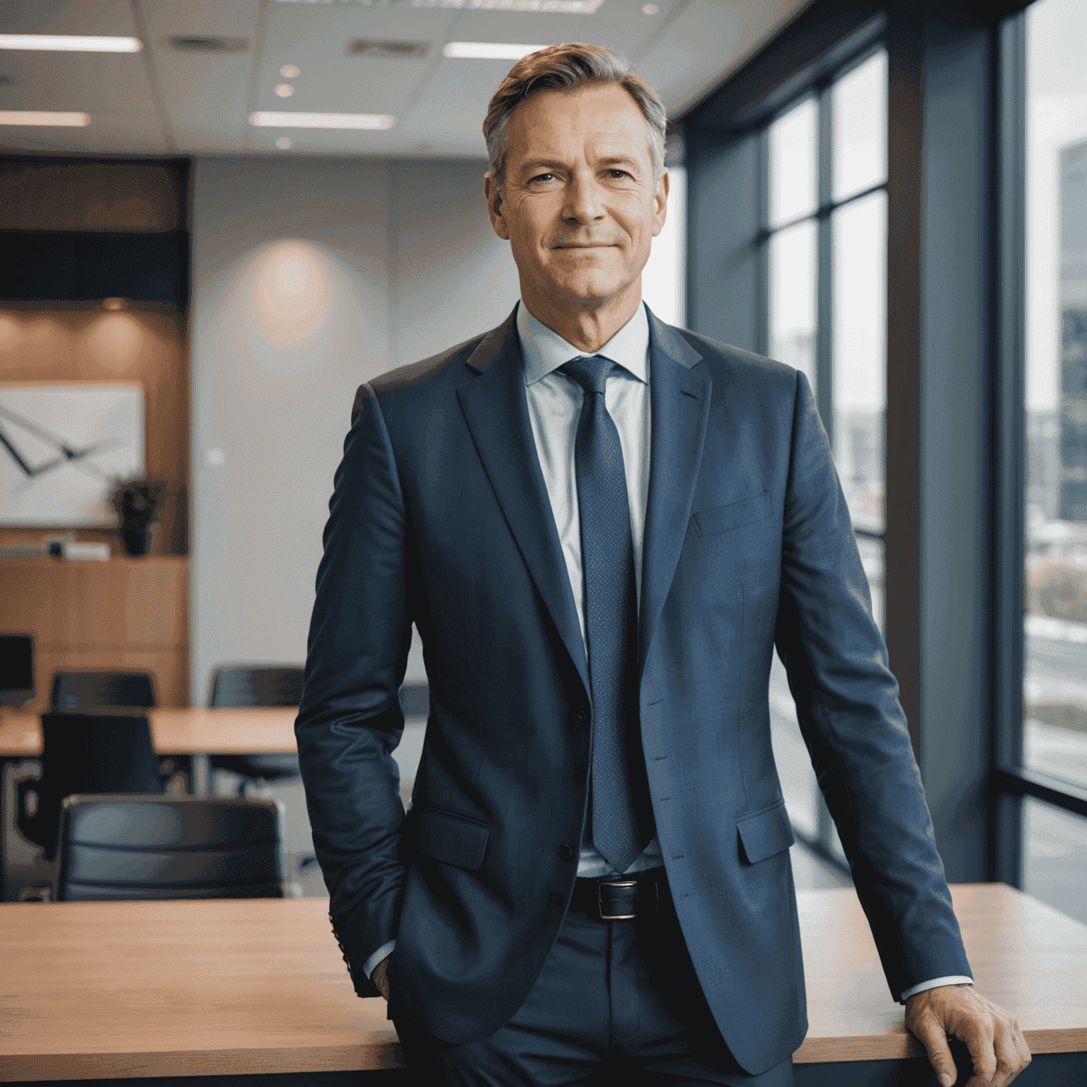 Portret van Jan de Vries, CEO van InvestHolland_Now. Een man van middelbare leeftijd met een vriendelijke uitstraling, gekleed in een zakelijk pak, staand voor een moderne kantoorachtergrond.