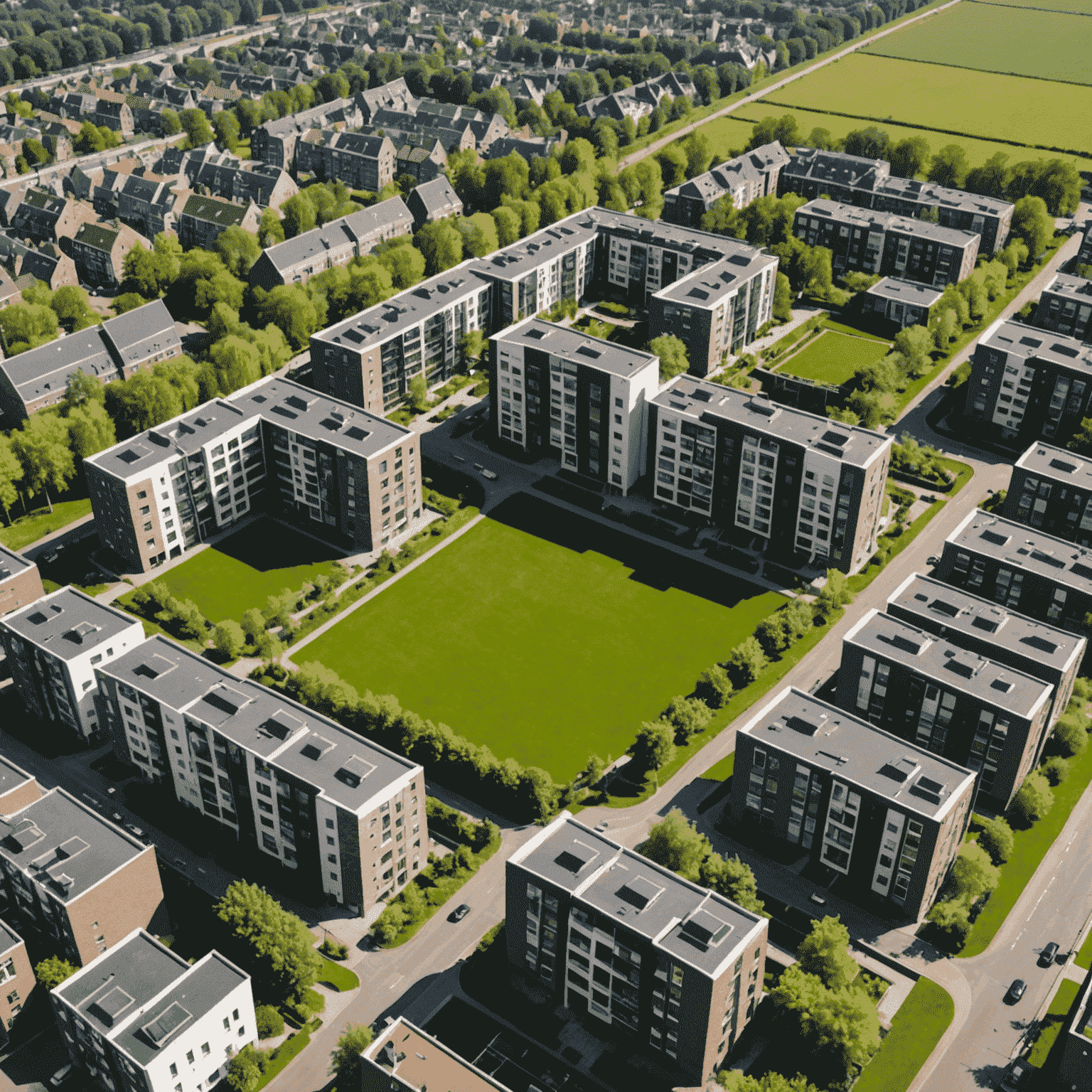 Luchtfoto van Utrecht met focus op nieuwe wooneenheden en opkomende wijken. De afbeelding toont moderne appartementsgebouwen en gerenoveerde huizen in een groene omgeving, wat de aantrekkelijkheid van investeringen in deze gebieden benadrukt.
