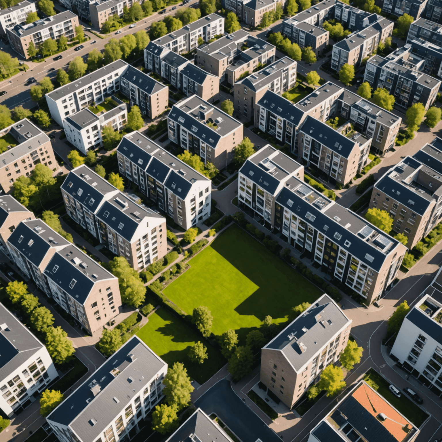 Een luchtfoto van een moderne woonwijk in Utrecht, met een mix van appartementen en eengezinswoningen. De gebouwen hebben een eigentijdse architectuur met veel groen ertussen.
