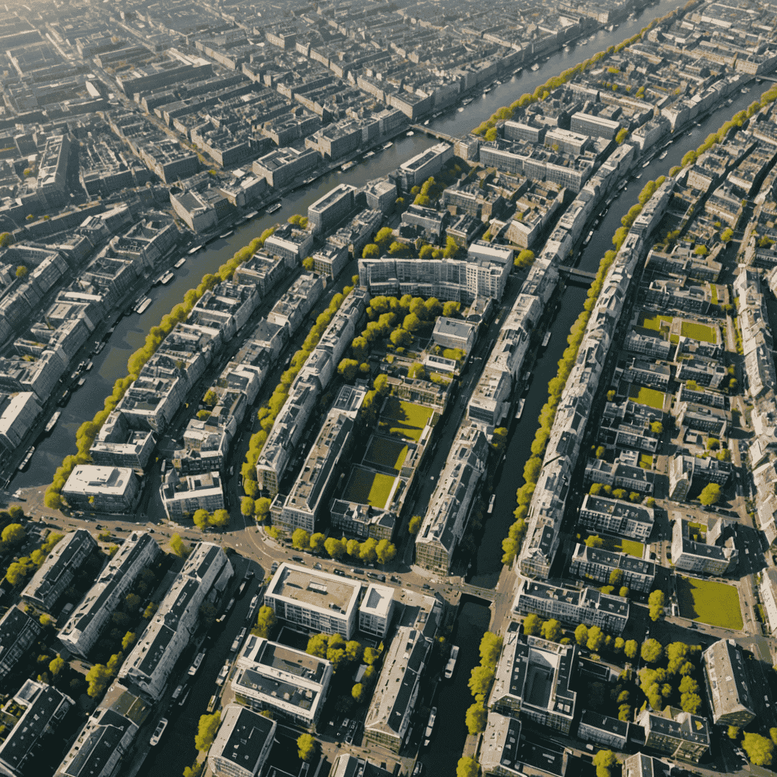 Luchtfoto van Amsterdam met gemarkeerde opkomende wijken, moderne architectuur en groene ruimtes