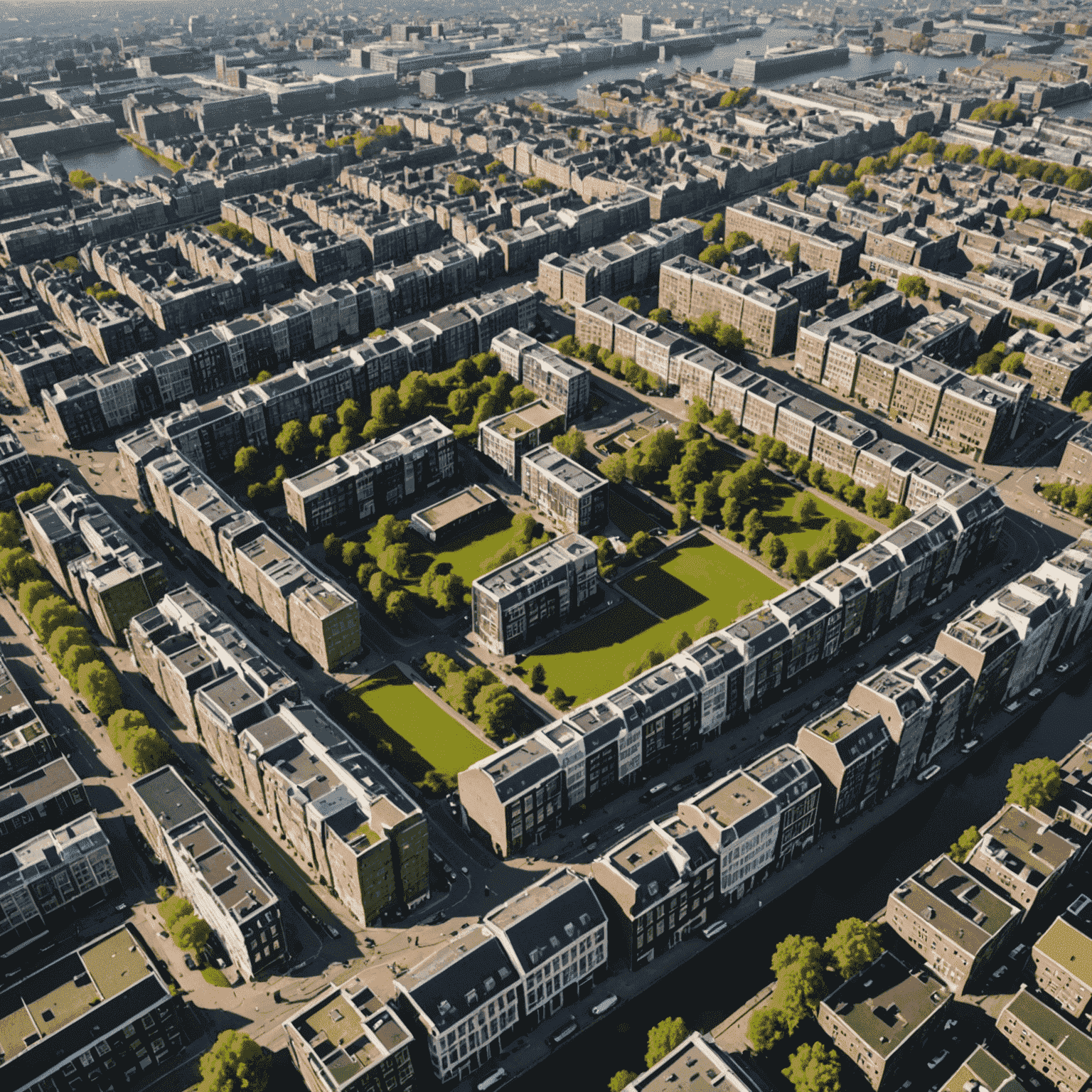 Luchtfoto van Amsterdam met focus op nieuwe ontwikkelingsgebieden, waaronder moderne appartementen en groene ruimtes