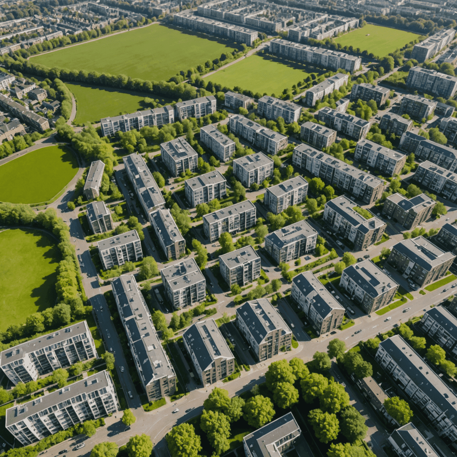 Luchtfoto van een moderne woonwijk in Utrecht met diverse wooneenheden en groene ruimtes