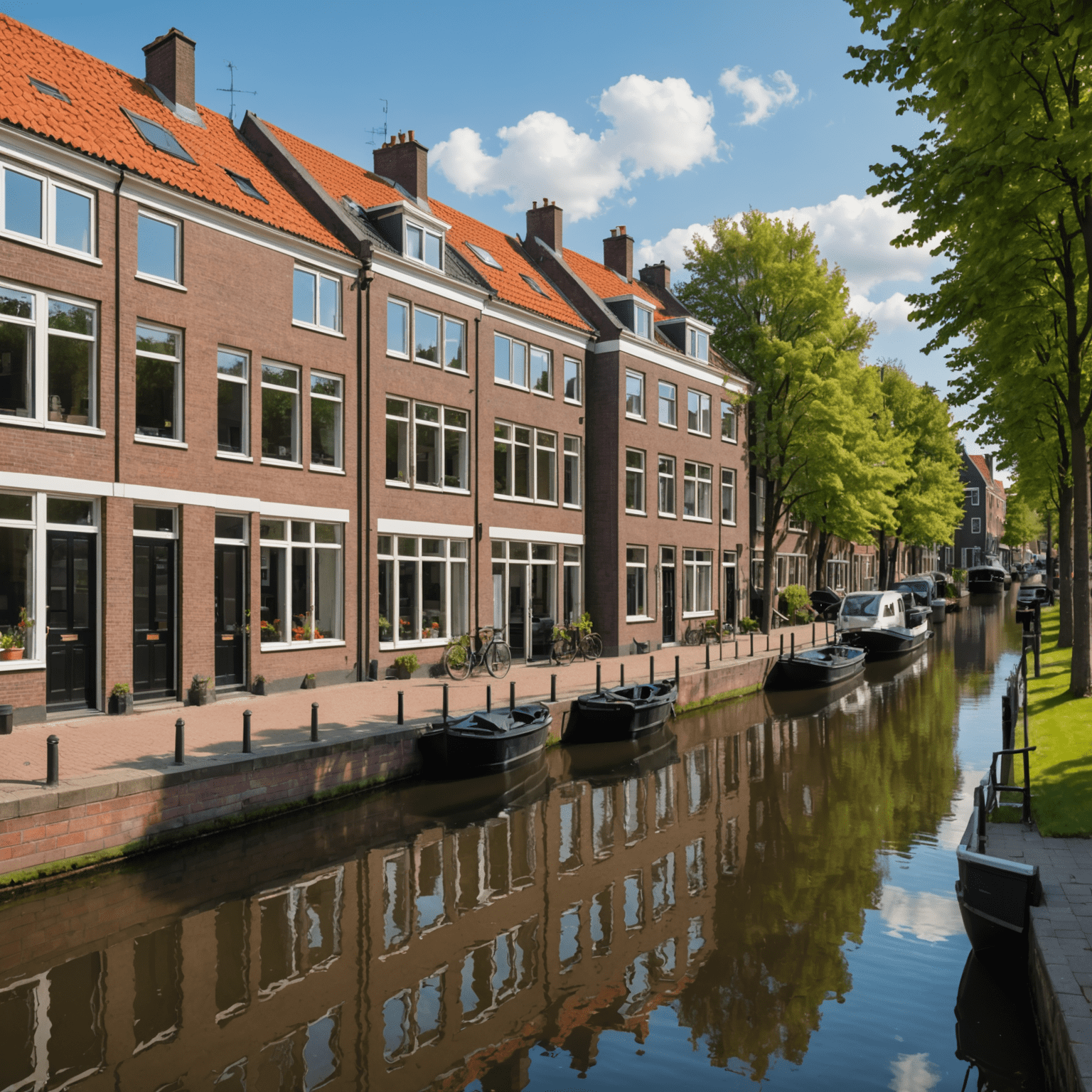 Een moderne Nederlandse woonwijk met typische rijtjeshuizen en grachten, illustratief voor vastgoedinvesteringen in Nederland