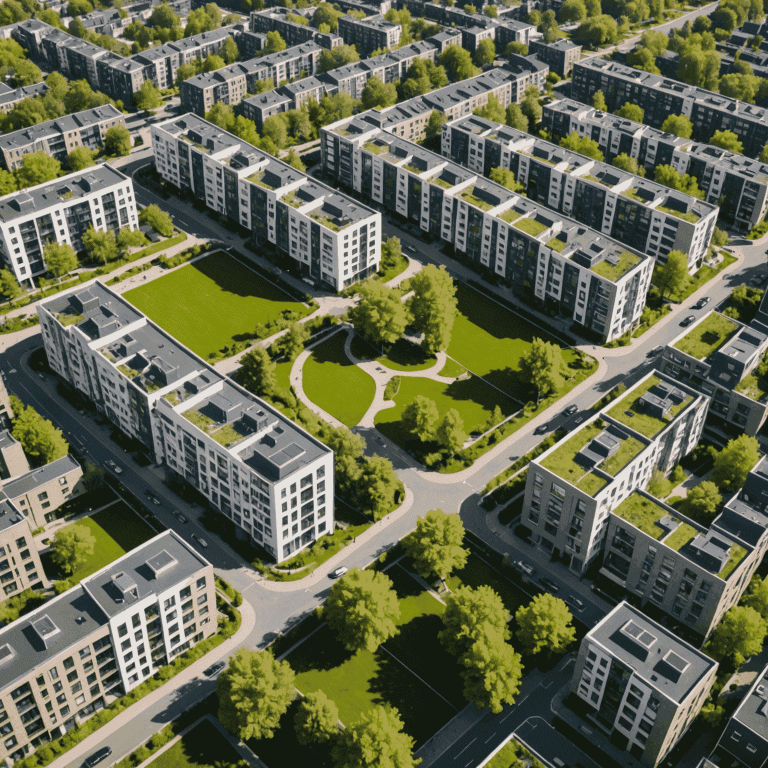 Luchtfoto van de getransformeerde Overvecht wijk in Utrecht, met moderne appartementen en groene ruimtes