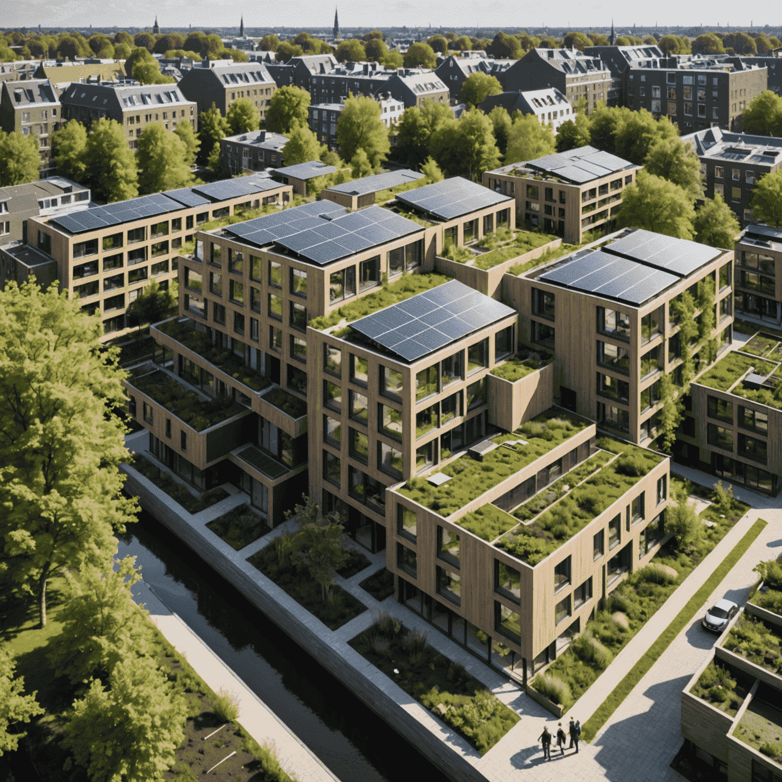 Een modern, duurzaam woningbouwproject in Utrecht met zonnepanelen, groene daken en gemeenschappelijke tuinen