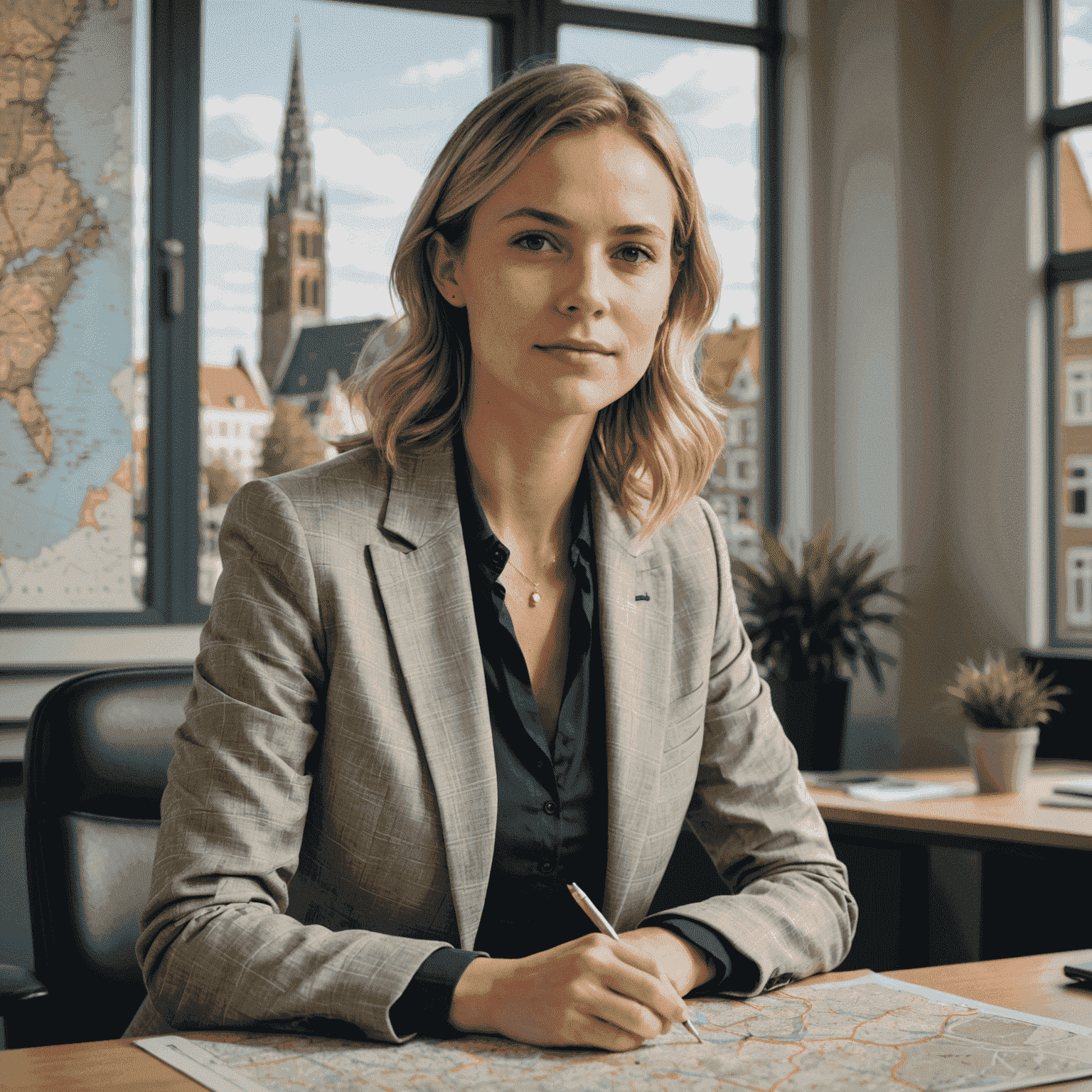 Portret van Emma Bakker, Hoofd Investeringen bij InvestHolland_Now. Een jonge vrouw met een professionele uitstraling, gekleed in een stijlvolle blazer, zittend aan een bureau met op de achtergrond een plattegrond van Utrecht.