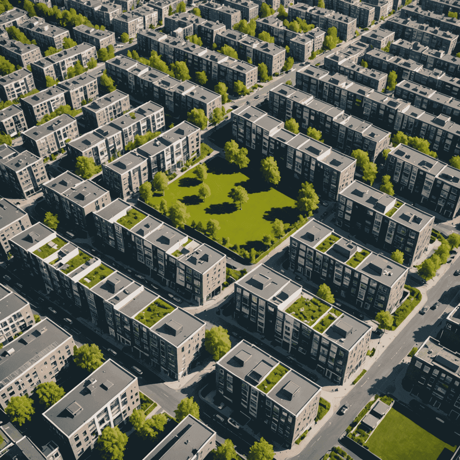 Luchtfoto van een opkomende wijk in Amsterdam met moderne appartementen en groene ruimtes