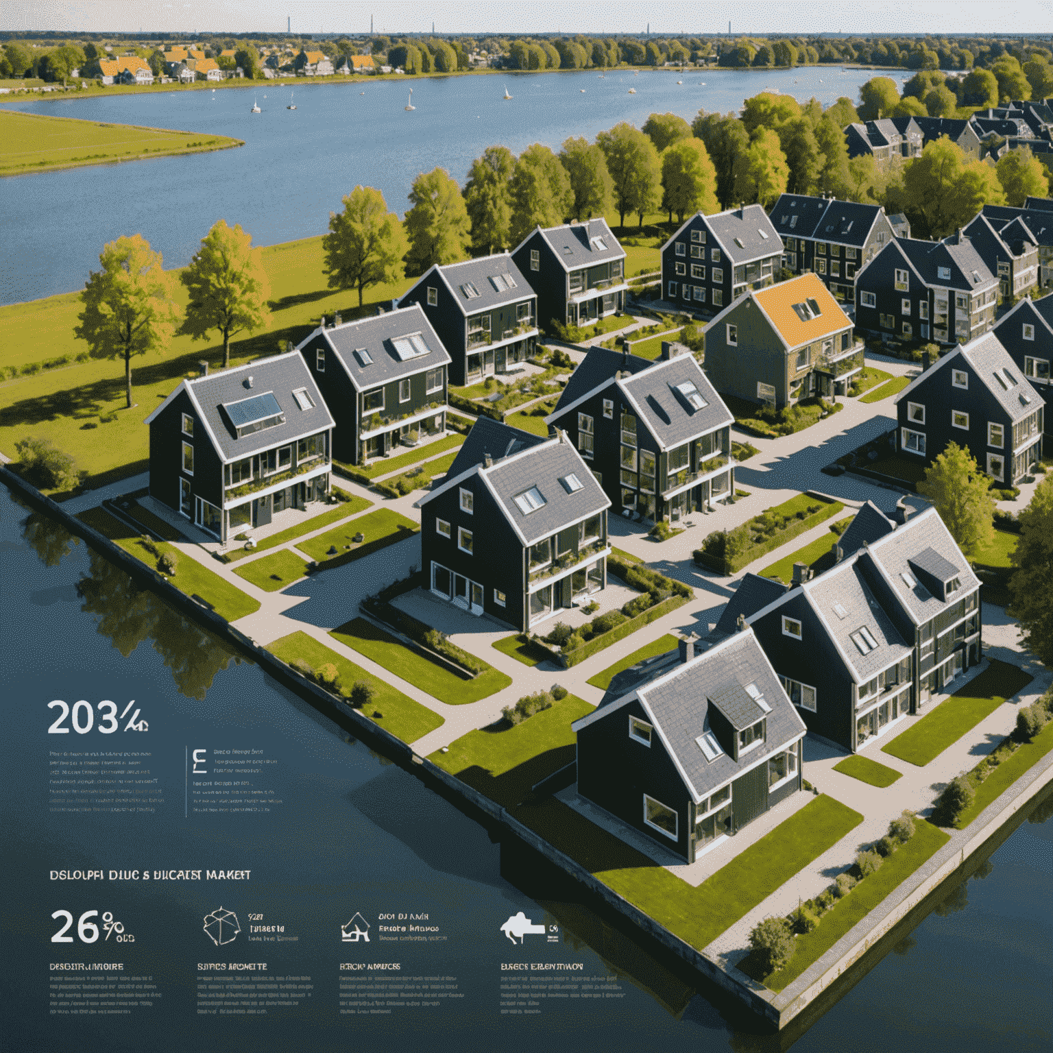 Infographic met grafieken en diagrammen die de trends in de Nederlandse huizenmarkt voor 2024 weergeven