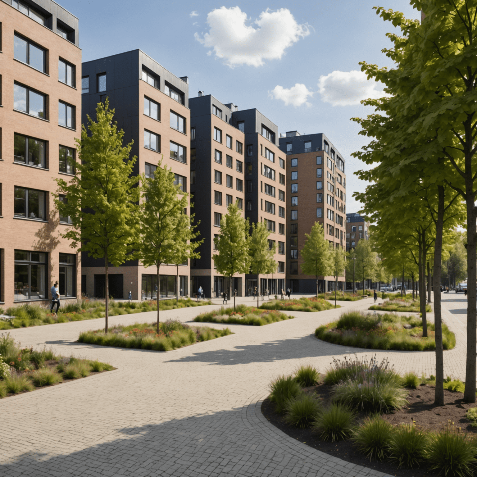 Straatbeeld van Nieuw-West met gerenoveerde flatgebouwen en een nieuw aangelegd park op de voorgrond