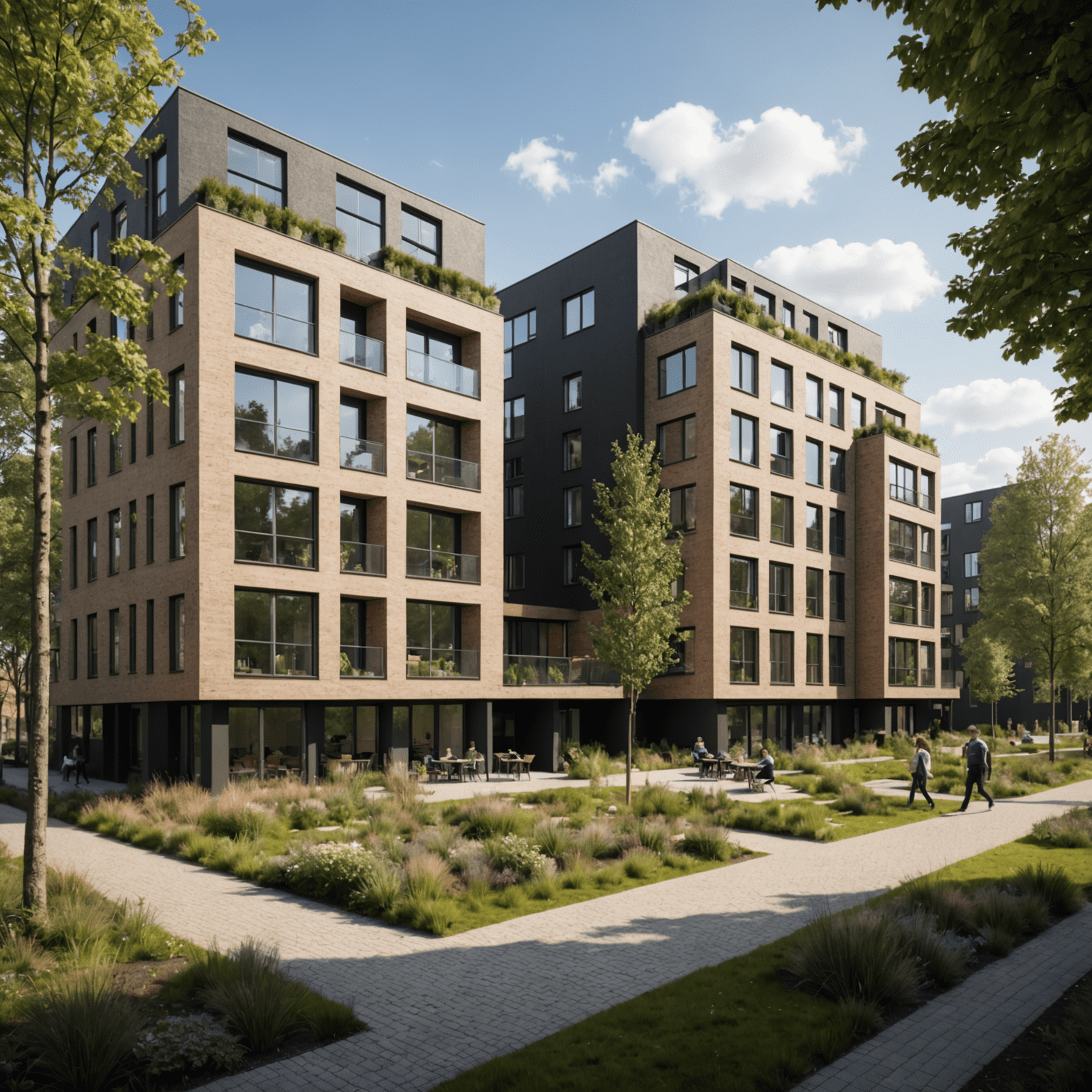 Moderne wooneenheden in Leidsche Rijn, Utrecht, met duurzame architectuur en gemeenschappelijke groene ruimtes