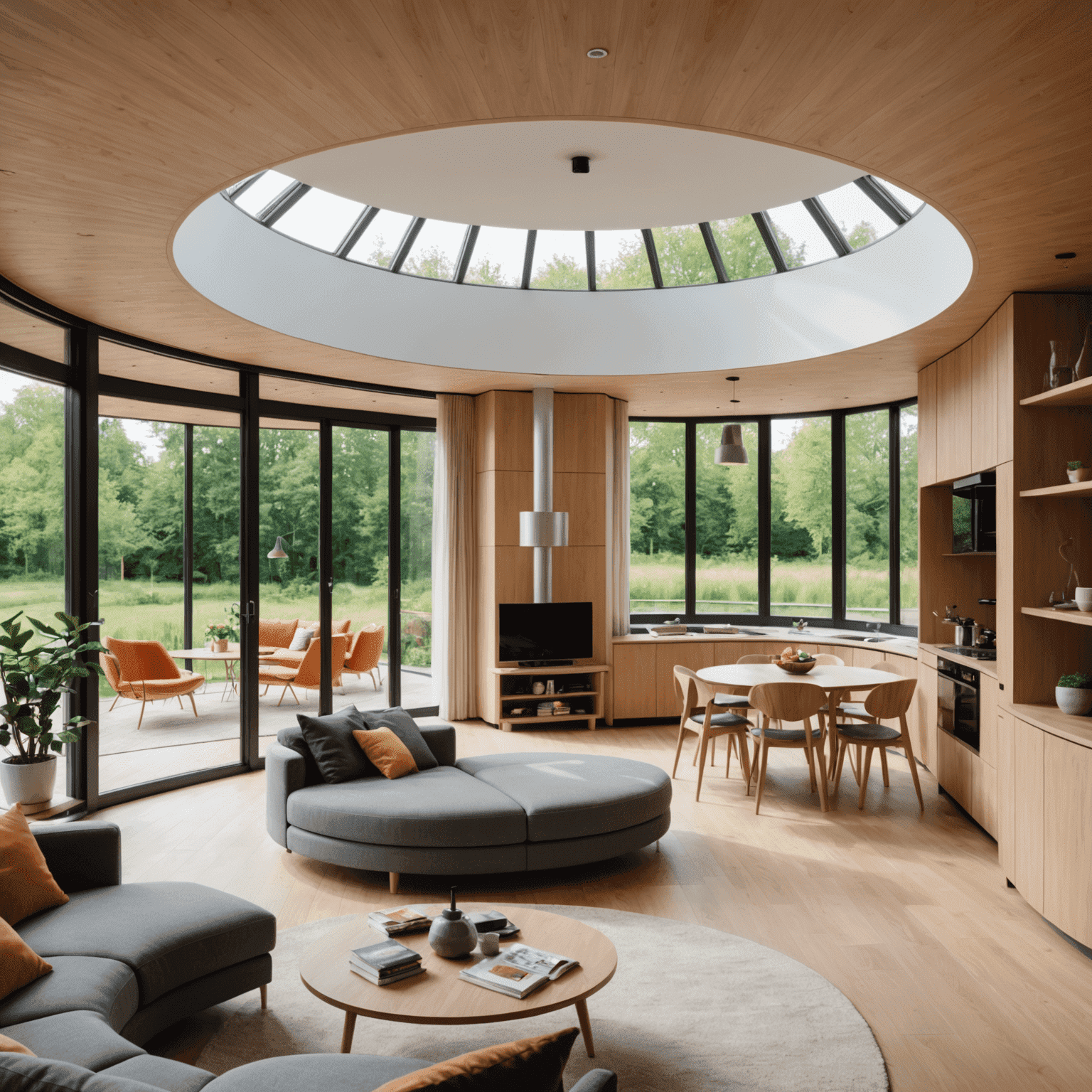 Binnenaanzicht van een circulaire woning in Utrecht, met modulair meubilair en energiezuinige apparatuur