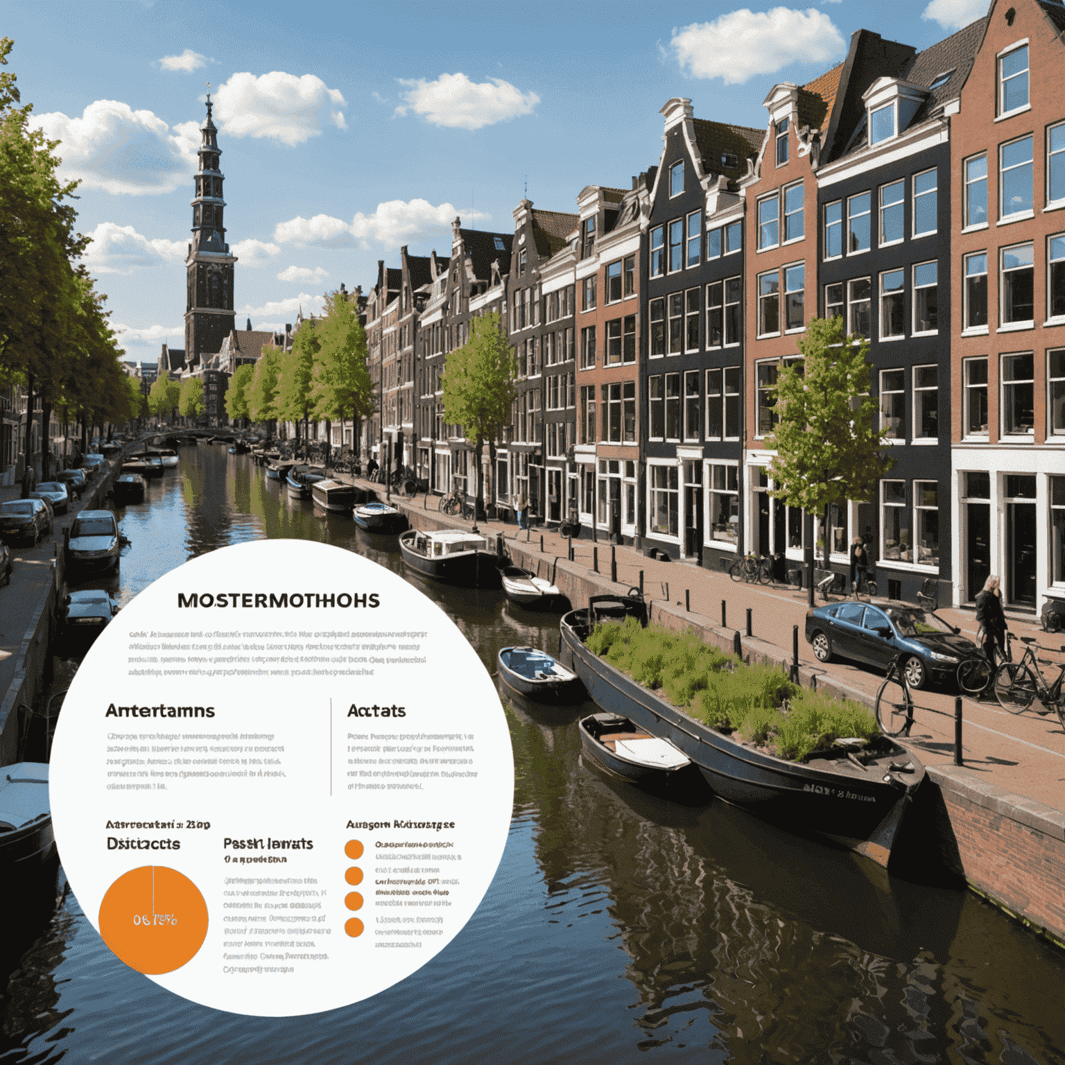 Infographic die de groeipercentages en investeringsmogelijkheden in de vijf genoemde Amsterdamse wijken visualiseert