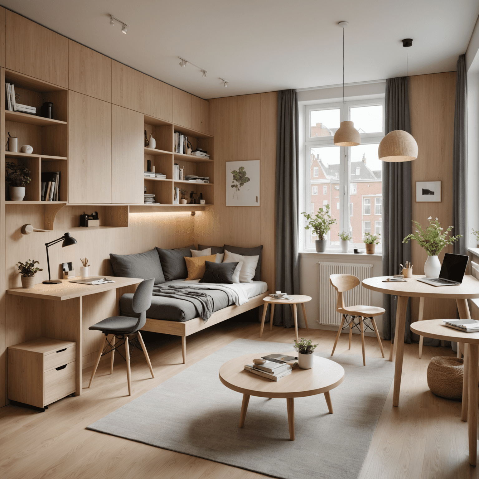 Interieur van een flexibele wooneenheid in Utrecht met modulaire meubels en een werkruimte die kan worden omgezet in een slaapkamer