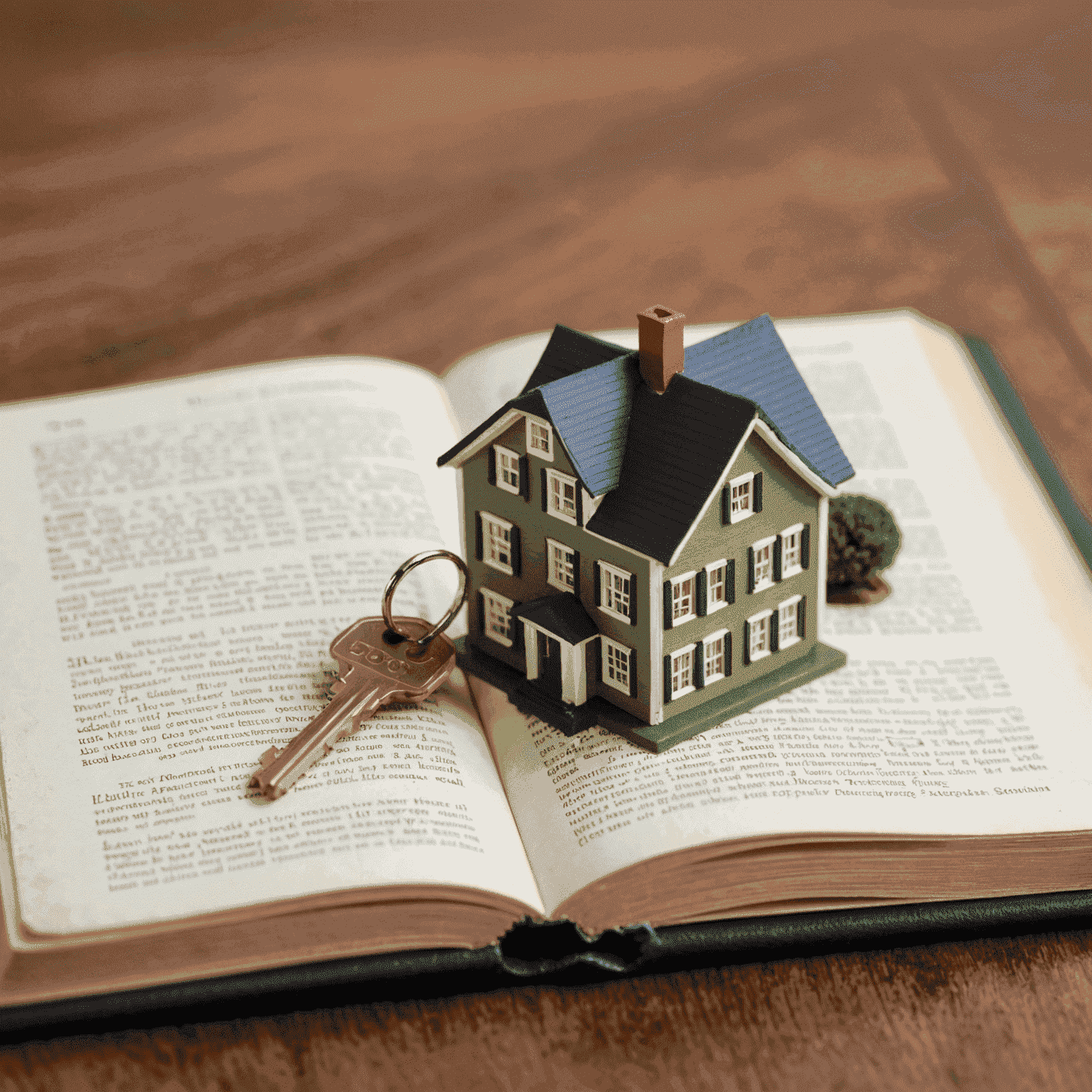 Afbeelding van een wetboek met een huissleutel en een miniatuur huis, symboliserend de Nederlandse vastgoedwetten