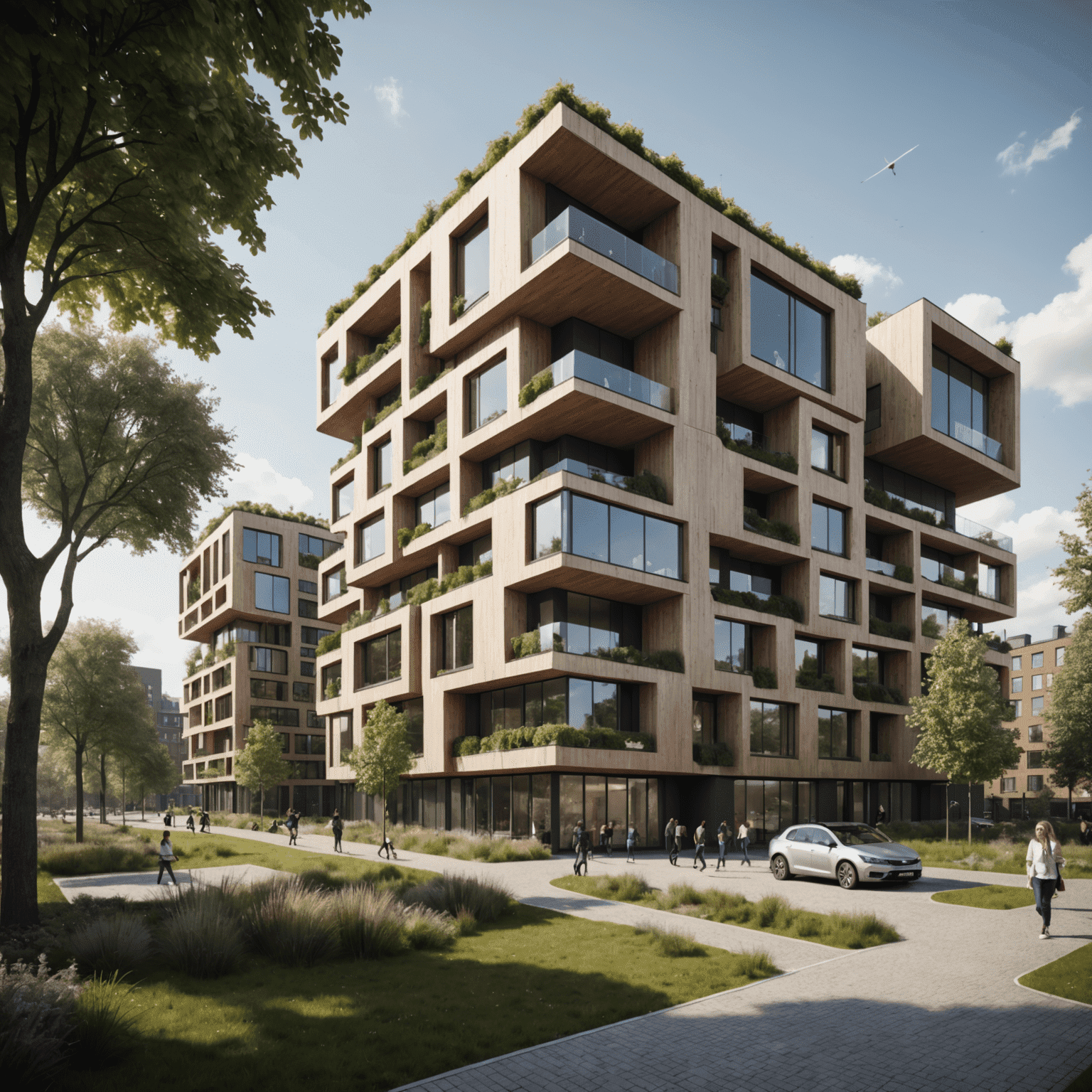 Conceptuele render van een futuristisch, volledig zelfvoorzienend wooncomplex in Utrecht