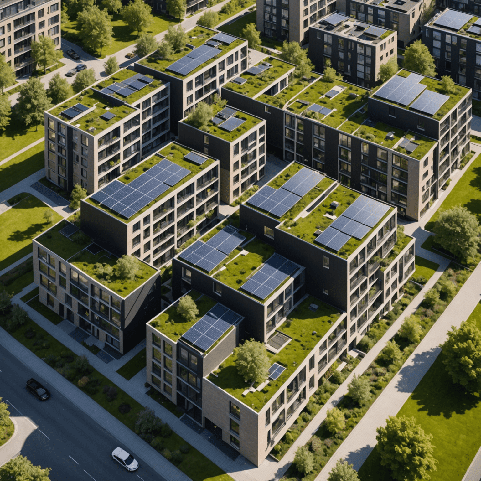 Afbeelding van een modern, energiezuinig appartementencomplex in Utrecht met zonnepanelen en groene daken